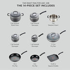 T-fal Ultimate Hard Anodized Nonstick Pots and Pans Set 14 Piece, Oven Broiler Safe 400F, Kitchen Cooking Set w/Fry Pans, Saucepans, Griddle, Dutch Oven, Dishwasher Safe, Cookware, Black