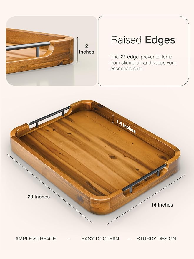 TIDITA Large Serving Tray with Handles - 20”x14” Rectangle Ottoman Tray, Wooden Tray for Ottoman, Wooden Ottoman Tray for Living Room - Decorative Trays for Coffee Table with Round Edge for Breakfast