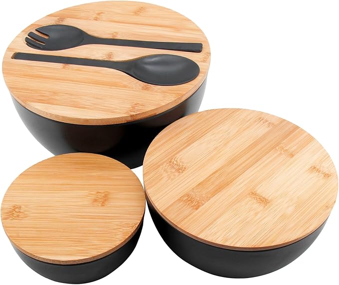 ECOWAY Salad Bowls Set of 3 with Lid & Serving Utensils, Bamboo Fiber Mixing Bowls Set Large Serving Bowls & Storage Set with Bamboo Lid for Salad, Kitchen Eating, Pasta, Popcorn, Chips, Fruit, Black