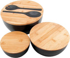 ECOWAY Salad Bowls Set of 3 with Lid & Serving Utensils, Bamboo Fiber Mixing Bowls Set Large Serving Bowls & Storage Set with Bamboo Lid for Salad, Kitchen Eating, Pasta, Popcorn, Chips, Fruit, Black