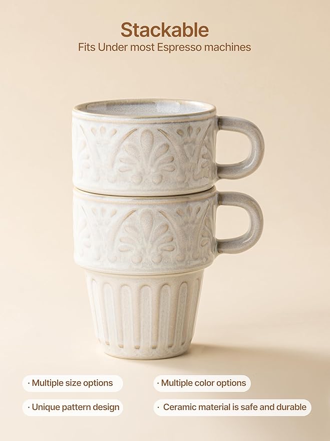 LYEOBOH Cappuccino Cups, Espresso Cups, Coffee Mugs Set of 6, Ceramic Cup, 6 OZ Beige Stackable Mug Set of 6, Easy To Clean Comfortable Handle for All Ages, Great for Party Dinner & Festival Gifts