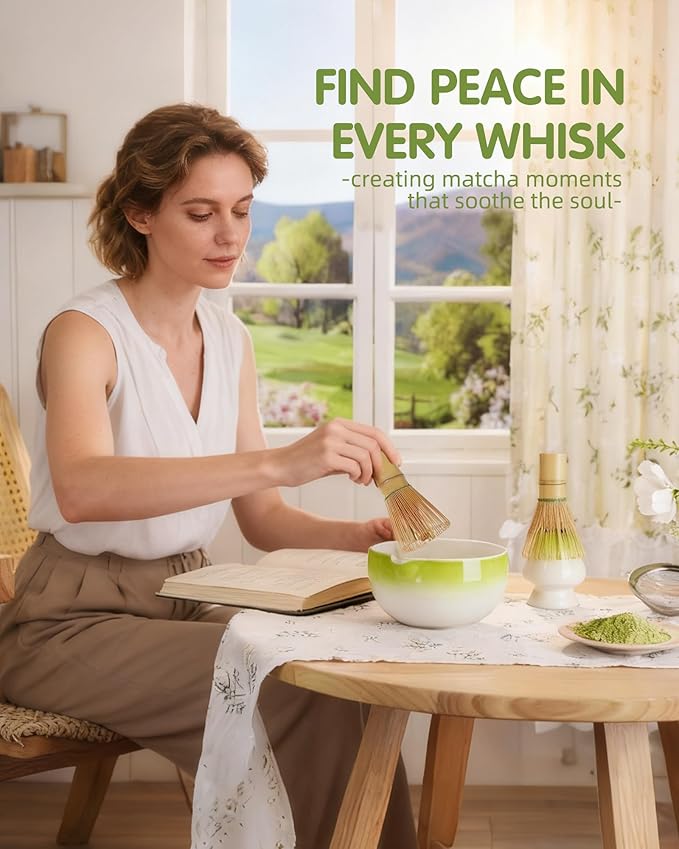 ZENS Matcha Whisk Set, 5pcs Matcah Kit Includes Ceramic Bowl with Spout, Handcrafted Bamboo Whisk, (Chasen) Holder, Scoop & Tea Mat, Matcha Set Gift for Tea Ceremony, Green