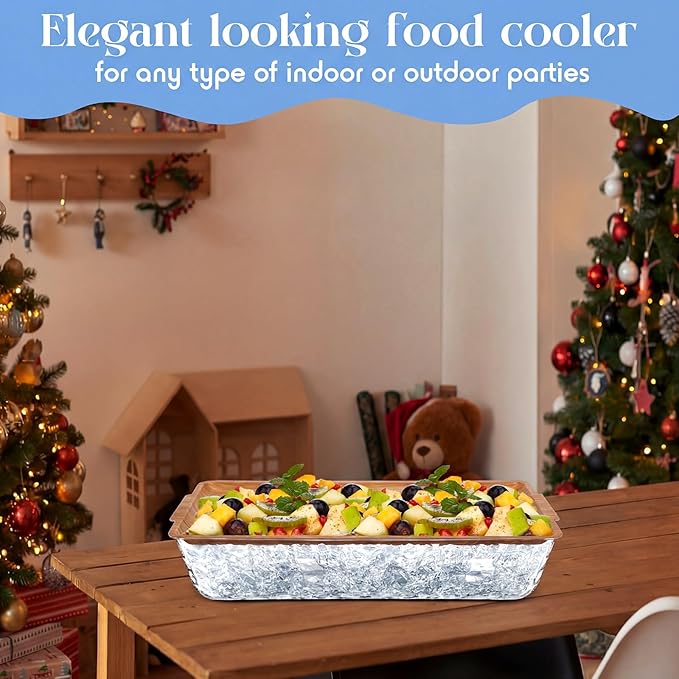 Baderke 2 Set 16" x 9" Plastic Chilled Serving Tray for Parties with Compartments Ice Chilled Party Platter Charcuterie Serving Board Cold Dish Dip for Fruit Seafood Vegetable Appetizer (Light Wood)