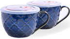 Ceramic Soup Bowl with Handle, 24 oz Microwave Safe Soup Mug/Cup with Lid, Large Ceramic Mug for Coffee, Cereal, Oatmeal, Salad, Ramen, Noodle, Soup, Set of 2 - Reactive Glaze Blue