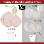 Nervure 350PCS Pink Plastic Plates - Pink Plastic Dinnerware Sets for 50 Guests - 100 Disposable Plates, 150 Gold Silverware, 50 Cups, 50 Napkins Perfect for Wedding & Party & Mother's Day