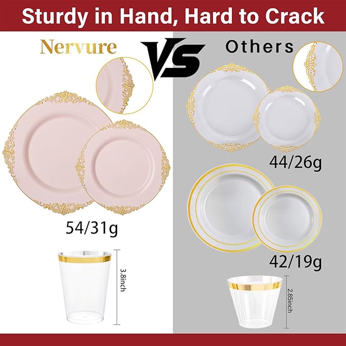 Nervure 350PCS Pink Plastic Plates - Pink Plastic Dinnerware Sets for 50 Guests - 100 Disposable Plates, 150 Gold Silverware, 50 Cups, 50 Napkins Perfect for Wedding & Party & Mother's Day