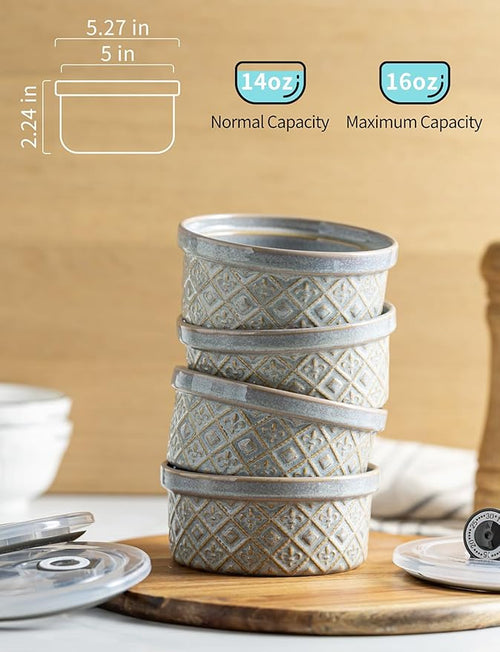 16 oz Ramekins with Lids Oven Safe, Ceramic Ramekins for Creme Brulee, Embossed Pudding Custard Ramekin for Baking Souffle, Porcelain Baking Bowls Set of 4, Gray