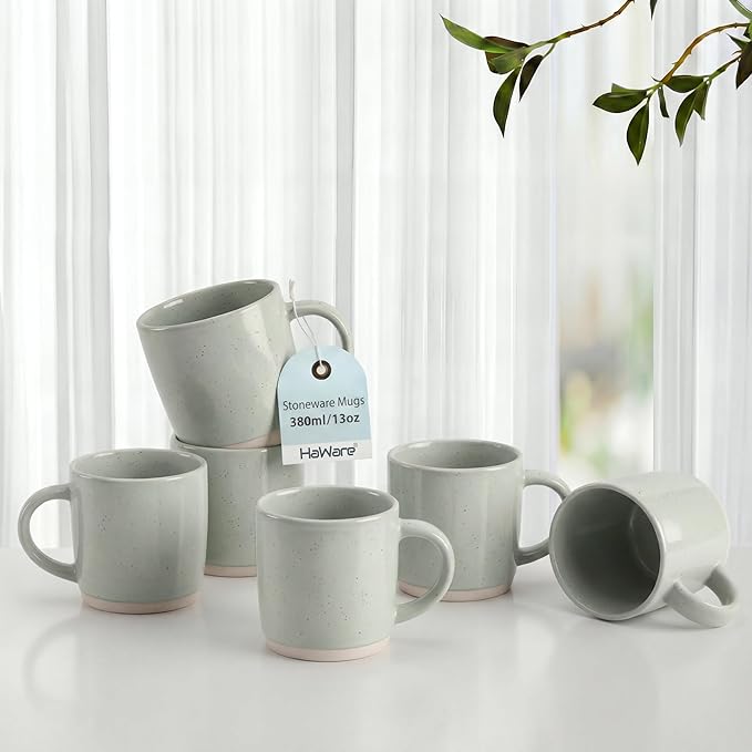 HaWare 13OZ Coffee Mugs Set of 6, Stoneware Coffee Cups, Ceramic Latte Mug for Man, Woman, Modern Tea Mugs for Latte/Cappuccino/Cocoa/Milk, Dishwasher& Microwave Safe, Speckled Asparagus Green