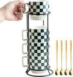 Miamolo Stackable Coffee Mugs with Stand, Checkered Coffee Mug Set of 4, 11oz Espresso Cups for Beverages, Stacked Mug Set with Spoons for Christmas Housewarming Birthday Gift, Dishwasher Safe