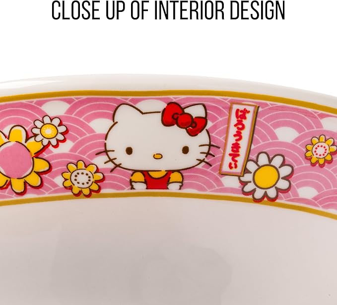 Silver Buffalo Sanrio Hello Kitty Pink and Gold Japanese Pattern with Flowers Ceramic Ramen Noodle Rice Bowl with Chopsticks, Microwave Safe, 30 Ounces