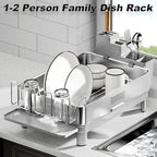 Ewaiira Dish Drying Rack, 304 Stainless Steel Dish Racks for Kitchen Counter, Dish Drainers with Automatic Drainage, Utensil Holder & Cups Holder, Space Saving Kitchen Organizer, Gray