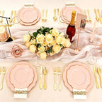 NOCCUR 175PCS Pink Plates with Gold Disposable Silverware - Include 50 Pink Plastic Plates,25 Knives,25 Forks,25 Spoons,25 Cups and 25 Napkins - Ideal for Party/Wedding/Mother's Day