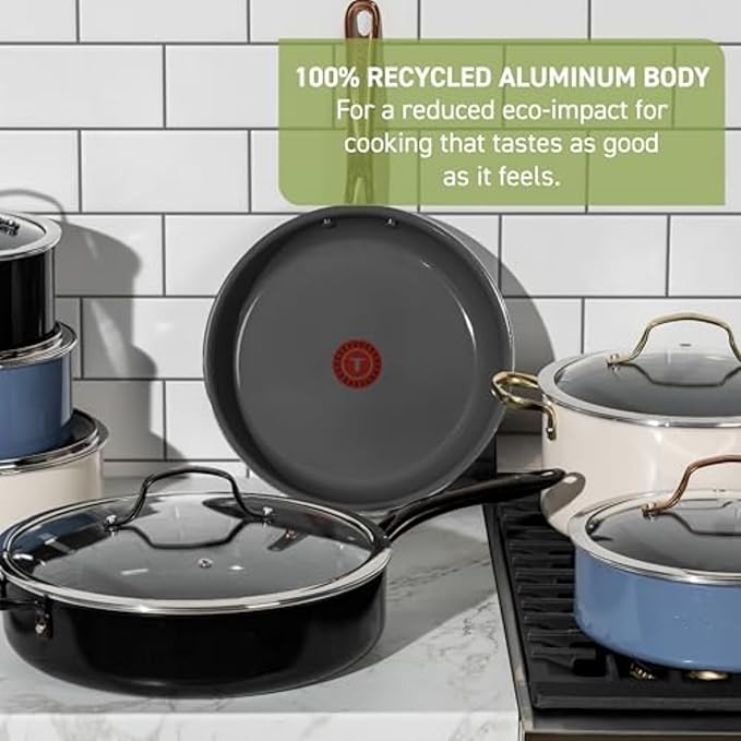 T-Fal Preserve Ceramic Nonstick Frying Pan 2-Pc Set, 8.5" & 11", Oven Broiler Safe up to 350°F Cookware, InoCeram Glide Technology, Frying Pan Skillet, Pots & Pans, Beige