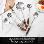 18/10 Stainless Steel Kitchen Utensils Set with Wood Handle Metal Cooking Utensils Set, 6-Piece - Spatula, Spoon, Ladle, Skimmer, Slotted Spoon, Pasta