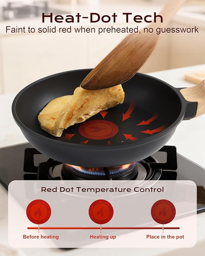 Non Stick Frying Pan, 12-inch Omelette Pan with Heat Dot Temperature Indicator, Healthy Non Toxic Egg Skillet with Heat-Resistant Handle, PFOA-Free, Dishwasher Safe, Compatible with All Cooktops
