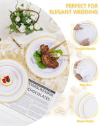 GATHER 700PCS Gold Plastic Plates - Whtie and Gold Disposable Dinnerware Sets 100Guest - 200 Disposable Plate, 300 Plastic Silverware, 100 Cups, 100 Napkins for Wedding & Party