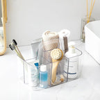 Multiuse Caddy Organizer with Handle, Portable Divided Plastic Tote Bin - Art Craft, Stationary Pen Marker Crayons, Makeup Hair Supplies Storage - Bathroom, Classroom, Dorm, Office, Desk Holder -Clear