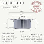 Made In Cookware | 8 Quart Stainless Steel Stock Pot With Lid | 5 Ply Stainless Clad | Professional Cookware | Crafted in Italy | Induction Compatible