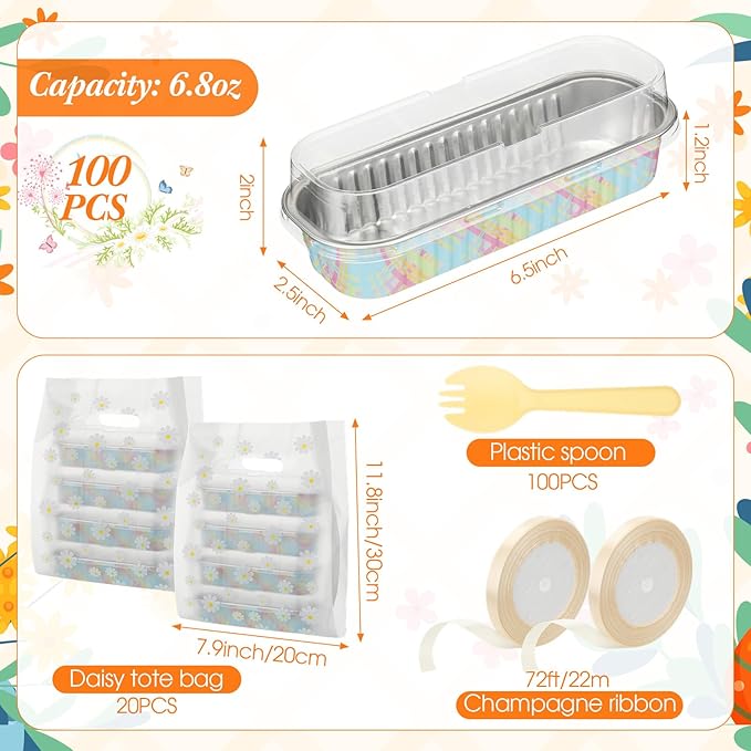 Hushee 100 Pack 6.8oz Easter Mini Loaf Pans with Lids Disposable Cross Cake Tins with Daisy Gift Bags Forks Ribbon Aluminum Foil Baking Pans Christian Bread Mold for Cupcake Picnics Baking Party Gift