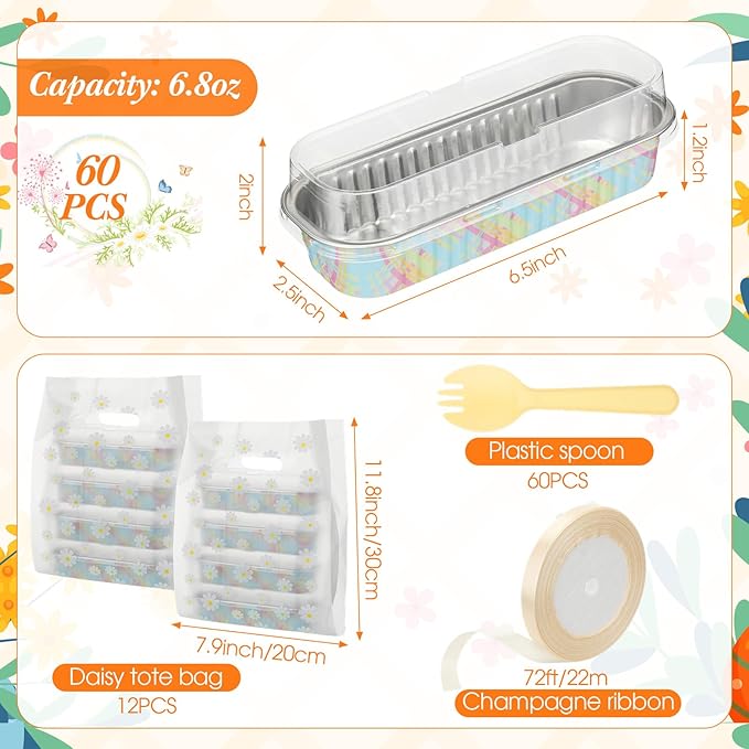 Hushee 60 Pack 6.8oz Easter Mini Loaf Pans with Lids Disposable Cross Cake Tins with Daisy Gift Bags Forks Ribbon Aluminum Foil Baking Pans Christian Bread Mold for Cupcake Picnics Baking Party Gift