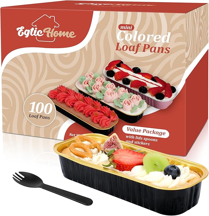 Mini Loaf Pans with Lids and Spoons (100 Pack, Black-gold, 6.8oz) Rectangular Aluminum Foil Baking Pans