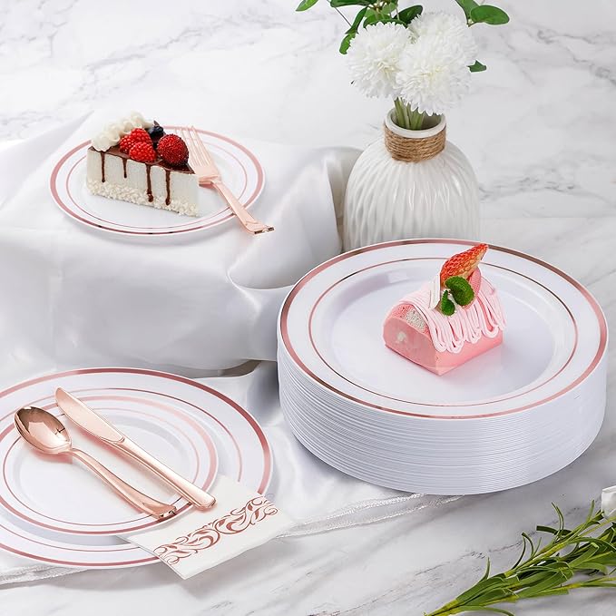 Goodluck 175 Pieces Rose Gold Dinnerware Set for 25 Guests, Plastic Plates Disposable for Party, Include: 25 Dinner Plates, 25 Dessert Plates, 25 Paper Napkins, 25 Cups, 25 Silverware Set