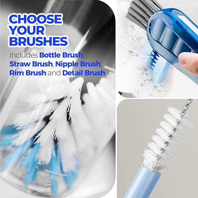 Holikme 6 Pack Bottle Brush Set, 14" Long Handle Stainless Steel Bottle Cleaner Brush, 3 Straw Brushes, 3-in-1 Bottle Cleaning Brush for Water Bottle, Baby Bottle, Blue&White