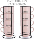 Signature Housewares Stackable Coffee Mug Tower Set with Metal Wire Rack - 15 Ounce Coffee Mugs for Coffee, Tea, Cocoa, Milk, Cappuccino, Hot Chocolate Set of 4 - Pink Coffee