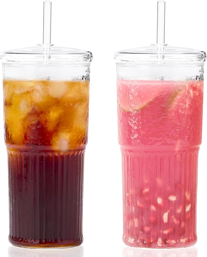 GOSCHE Glass Cups with Lids and Straws, 20oz Glass Cups Drinking Jar, Clear Iced Coffee Cups, Vintage Ripple Glass Tumbler for Water Coffee Tea, Clear, 2Pcs