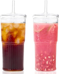 GOSCHE Glass Cups with Lids and Straws, 20oz Glass Cups Drinking Jar, Clear Iced Coffee Cups, Vintage Ripple Glass Tumbler for Water Coffee Tea, Clear, 2Pcs