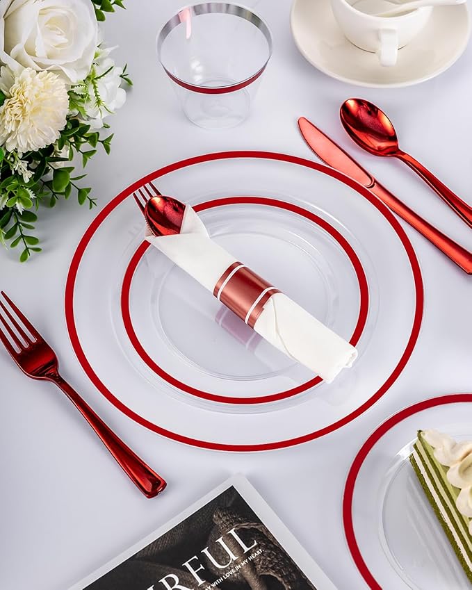 BESTVIP 175PCS Plastic Clear & Red Plates for Party, Disposable Dinnerware Sets Suitable for 25 Guests, 50 Plastic Plates, 25 Cups, 25 Pre-Rolled Napkins with Cutlery for Christmas, Wedding