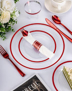 BESTVIP 350PCS Disposable Clear Red Dinnerware Sets for 50 Guests, Plastic Plates for Party, 100 Plastic Plates, 50 Cups, 50 Pre-Rolled Napkins with Cutlery for Parties, Christmas, Wedding