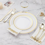 BESTVIP 175 PCS Gold Dinnerware Set for 25 Guests, Plastic Dinnerware Set for Party, Wedding, Christmas, Include: 50 Plastic Plates, 25 Gold Silverware, 25 Cups, 25 Paper Napkins