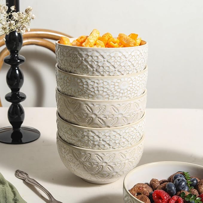 26 Oz Cereal Bowls Set of 4, 6 inch Ceramic Soup Bowl for Kitchen, Porcelain Embossed Serving Bowls for Salad, Pho, Breakfast, Ramen, Rice, Dishwasher Microwave Safe, Housewarming Gift