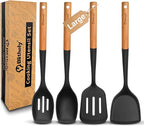 4PCS Silicone Cooking Utensils Set, Large Nonstick Spatula Spoons Set with Wooden Handle, Silicone Cooking Spatula Set, Heat Resistant Solid and Slotted Turners, Serving Spoon(Black)