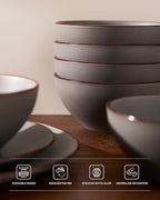 Famiware Venus Speckled Dinnerware Set with Pasta Bowls for 4 (16 Pieces), Stoneware Plates and Double Bowls, Matte Dark Gray - Microwave & Dishwasher Safe Dishes with Trim for Everyday & Formal Use
