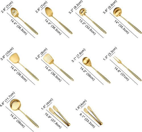304 Gold Cooking Utensils Set, 11PCS Stainless Steel Kitchen Utensils Set, Metal Kitchen Utensils Set Include Meat Fork, Tongs, Turner, Soup Ladle, Dishwasher Safe