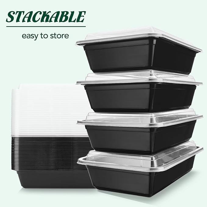 Glotoch Meal Prep Containers with Lids, Plastic food storage containers Reusable, 1-compartment BPA-free, Bento boxes for portion control & takeout, Microwave/freezer/dishwasher safe (50 pack, 32 oz)