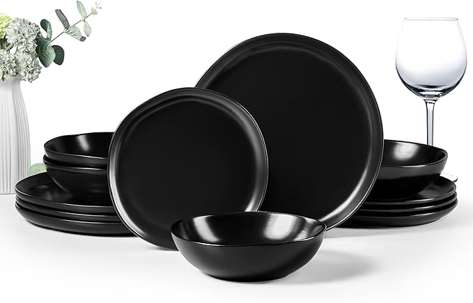 HaWare Dinnerware Sets, 12-Piece Stoneware Plates and Bowls Set, Dish Set for 4, Ceramic Dishware for Home Restaurant, Chip and Scratch Resistant, Microwave and Dishwasher Safe, Matte Black
