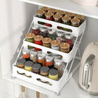 3 Tier Foldable Spice Rack for Countertop Iron Kitchen Seasoning Organizer for Cabinet, White