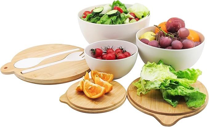 ECOWAY Salad Bowls Set of 3 with Seal Lid & Serving Utensils, Bamboo Fiber Mixing Bowls Set Large Serving Bowls & Storage Set with Bamboo Lid for Salad, Kitchen Eating, Pasta, Popcorn, Fruit, White