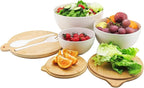 ECOWAY Salad Bowls Set of 3 with Seal Lid & Serving Utensils, Bamboo Fiber Mixing Bowls Set Large Serving Bowls & Storage Set with Bamboo Lid for Salad, Kitchen Eating, Pasta, Popcorn, Fruit, White