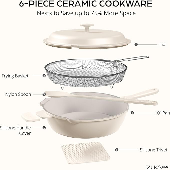 ZUKA 10 in 1 Ceramic Pan by Granitestone, Large 10 Inch Saute Pan with Lid Serves as Deep Frying Pan Set with Steamer, Everyday Skillet, Non Toxic Ceramic Nonstick, Induction Oven & Dishwasher Safe