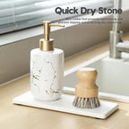 2PCS Water Absorbing Stone Drying Tray for Kitchen Counter, Diatomite Mat Vanity Caddy for Bathroom Sink, Faucet Splash Guard,Soap Dispenser Rack Sponge Holder Organizer, Marble White, 9"x3.5"