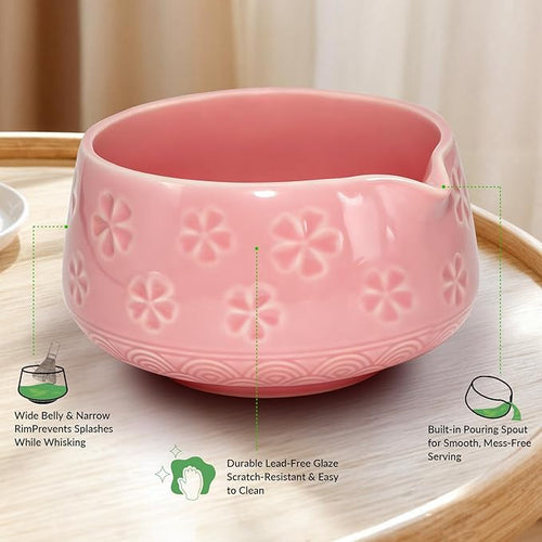 8 Pcs Matcha Whisk Set: Matcha Bowl, Whisk and Holder, Cleaning Brush, Bamboo Scoop, 304 Sifter, Tool Holder, Tea Mat – Matcha Set Kit Gifts for Women, Mom, Valentines Day (Pink)