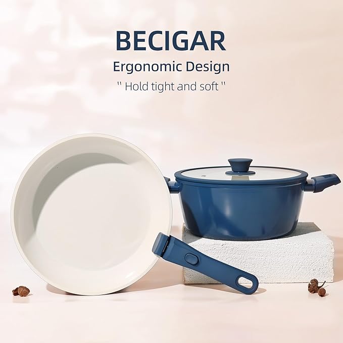 23pcs Ceramic Pots and Pans Set, Nonstick Detachable Handle Cookware, Induction Kitchen Cooking Set with Removable Handle,include Frying Pans & Saucepans Oven Safe(Blue)