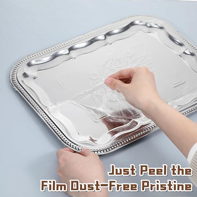 4 Pcs Large Silver Serving Trays, 15.7" x 11.8" Stainless Steel Rectangle Serving Tray, Decorative Silver Plates, Floral Engraved Tray, Metal Sizzler Plates for Coffee Table, Bar, Party, Club, Home