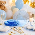 YOUBET 125PCS Clear Blue Gold Plastic Plates - Blue Disposable Plates With Gold Rim Include 25 Dinner Plates 25 Dessert Plates 75 Golden Silverwares for Wedding Birthday & Parties