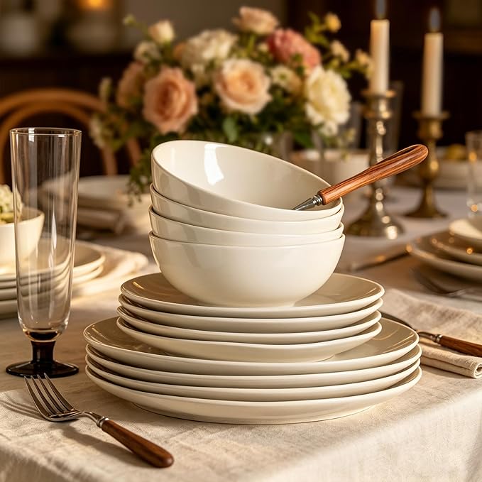 Ceramic Dinnerware Sets-12 Pieces Set, Plates Pasta Bowls Soup Bowls, Modern Stoneware Dishes, Reaction Glaze Black (Sky white)