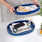 MAONAME Blue Serving Trays with Handles, Oval Decorative Tray for Coffee Table, Nesting Trays Set of 2, Plastic Vanity Tray for Ottoman, Living Room